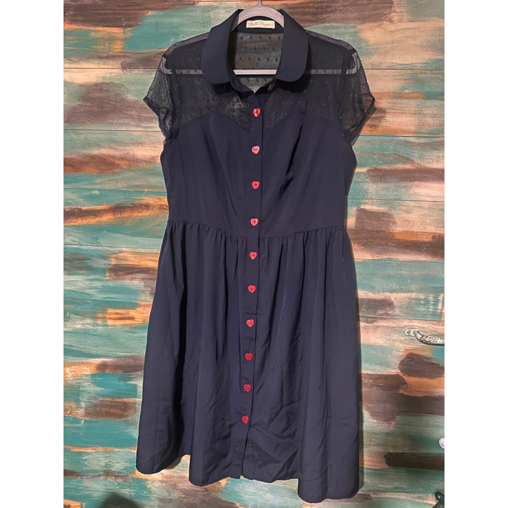 Women's Belle Pogue Navy Blue Dress with Red Heart Buttons Size L